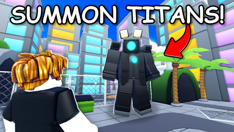 Alliance Tower Defense thumbnail of a Roblox avatar facing a tall dark titan with a glowing blue core, captioned Summon Titans.